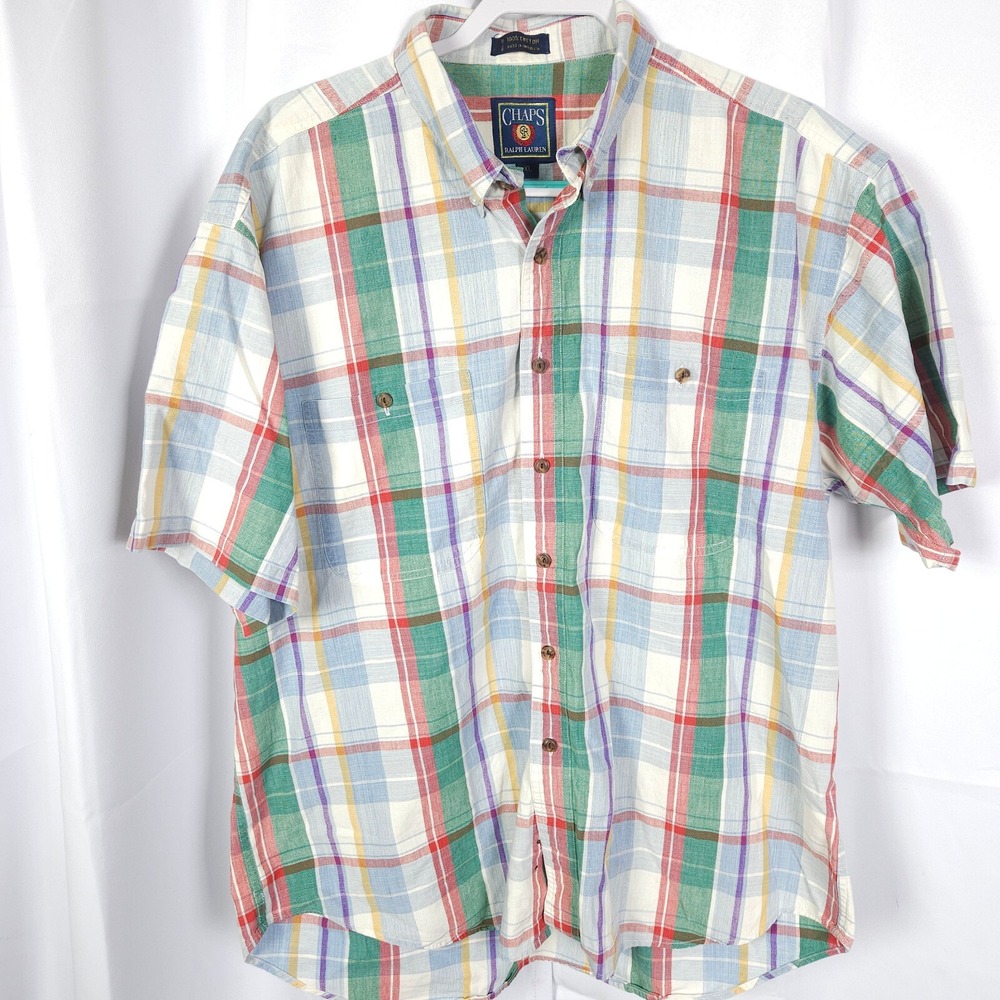 VTG‎ Chaps Ralph Lauren Short Sleeve Plaid Button Down Shirt Mens XL Cotton